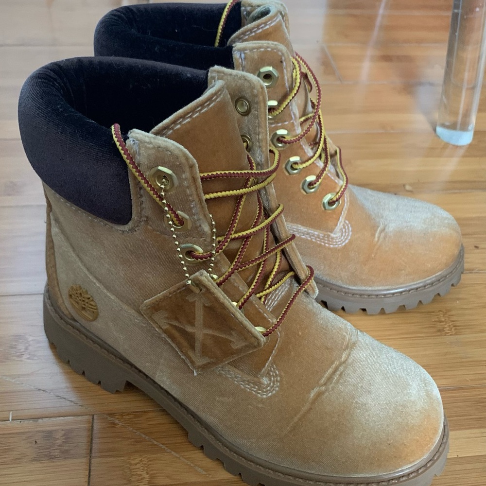 Off-White Timberland Velvet Boots in wheat color